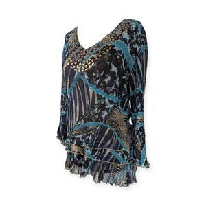 Alberto Makali mix print embellished crinkle blouse pullover XL teal gold